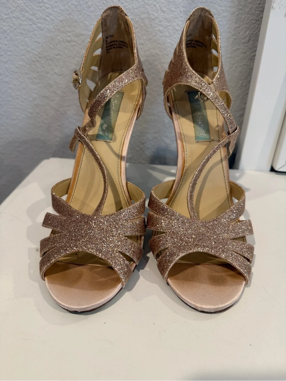 Betsey Johnson Rose Gold Glitter Strappy Heels